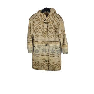 Woolrich Vintage Nordic Fair Isle Hooded Long Beige Blanket Wool Coat L